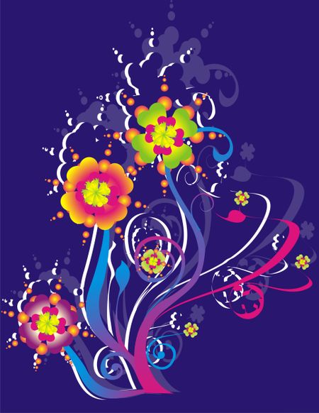 Multicolored floral illustration over a purple background