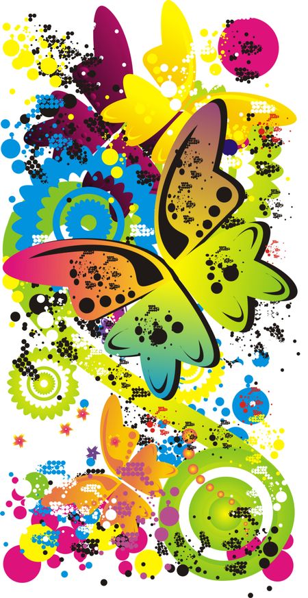 Multicolored buttlerflies illustration over a grunge background