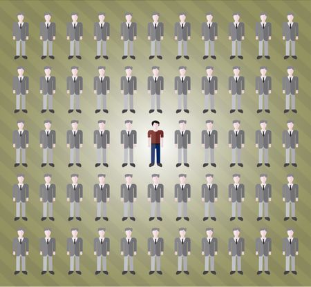 Be different concept. Grey people with color man in the middle. Businessmen