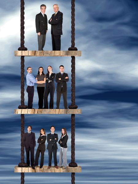 business corporate team on a ladder of success over an abstract sky