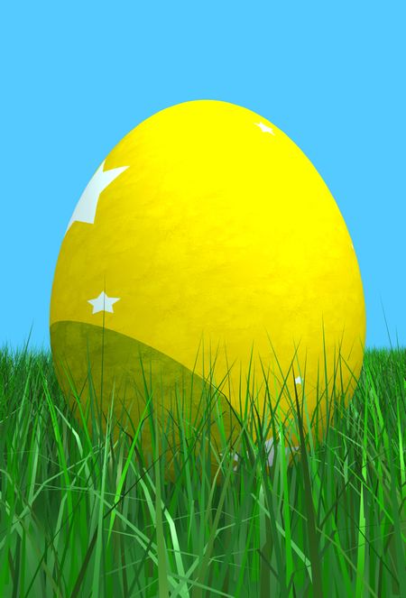 easter egg in yellow on the grass with blue in the background - 3d render
