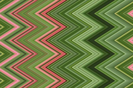 Geometric abstract pattern of contiguous zigzags with various shades of green and a few pink stripes for motifs of angularity, alternation, repetition