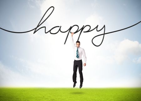 Businessman hanging on a happy rope
