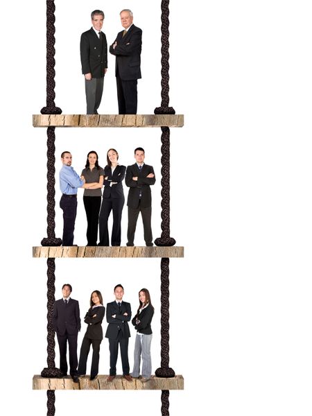 business team work - corporate ladder over a white background