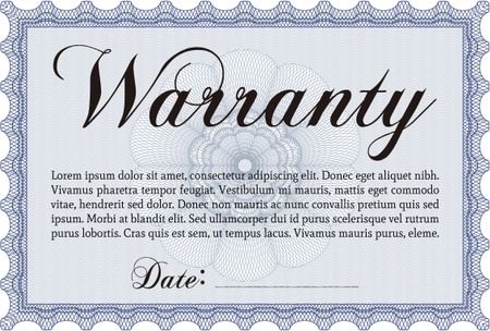 Warranty Certificate template. Perfect style. Complex border. With sample text. 