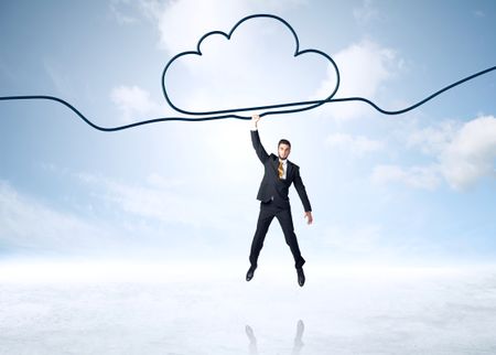 Businessman hanging on a cloud rope
