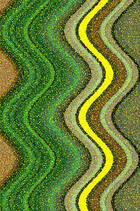 Pointillist parti-colored abstract of vertical waves with yellow background and one salient yellow wave