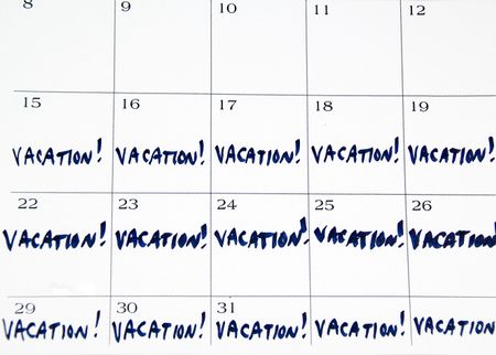 VACATION! written in blue across three weeks of white monthly calendar