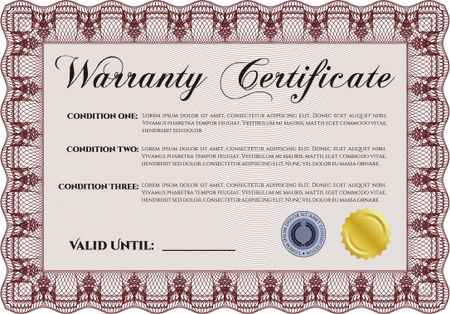 Sample Warranty certificate template. Perfect style. With background. With sample text. 