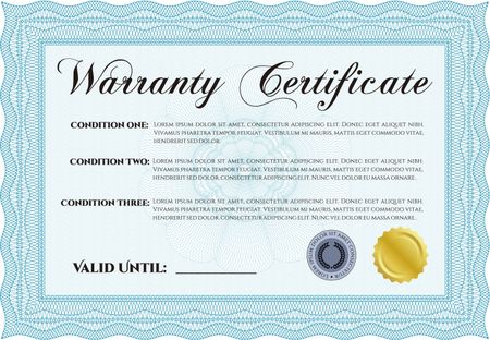 Sample Warranty certificate template. Perfect style. It includes background. Complex border design. 