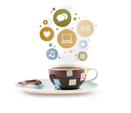 Coffee cup with social and media icons in colorful bubbles, isolated on white