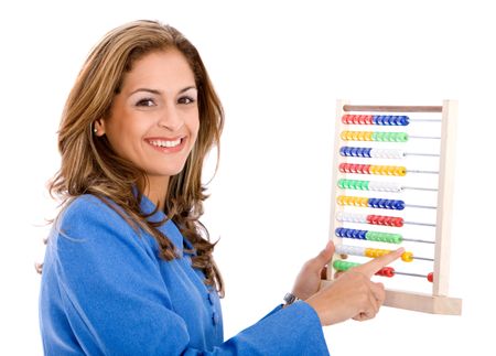 Business woman with an abacus isolated on white