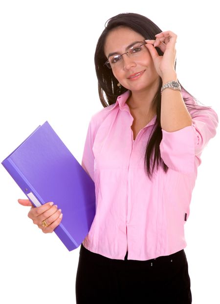 confident business woman wearing glasses over a white background