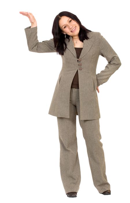business woman leaning on something imaginary over a white background