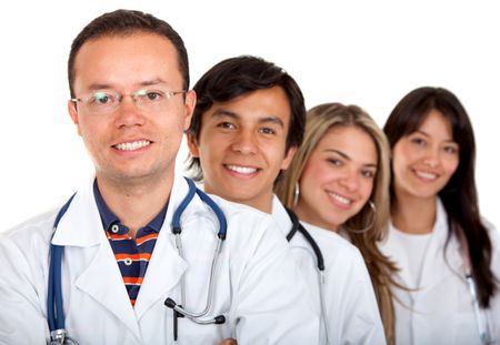 group of doctors standing isolated over a white background