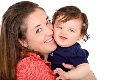 daughter and her mum both smiling and having fun over a white background