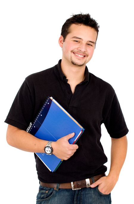 casual young friendly student smiling over a white background