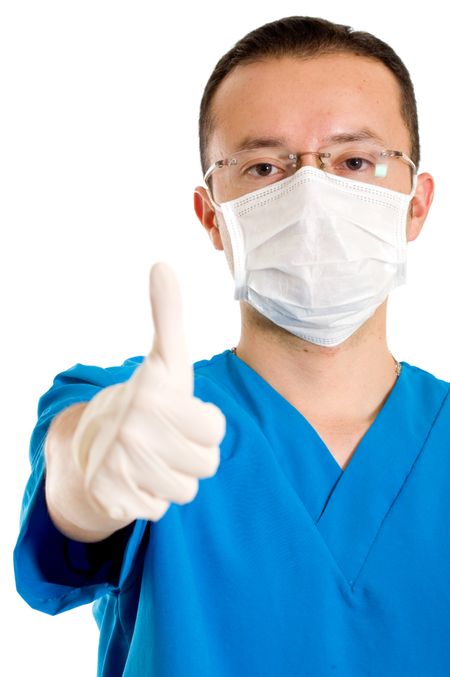 male surgeon with thumbs up over a white background