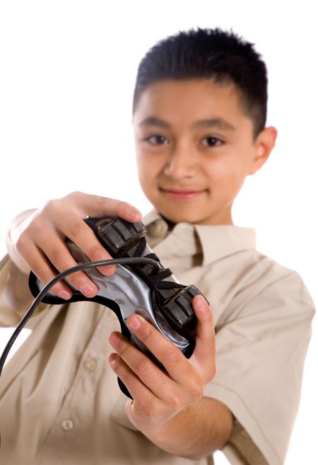 Child playing video games with a black controller over a white background