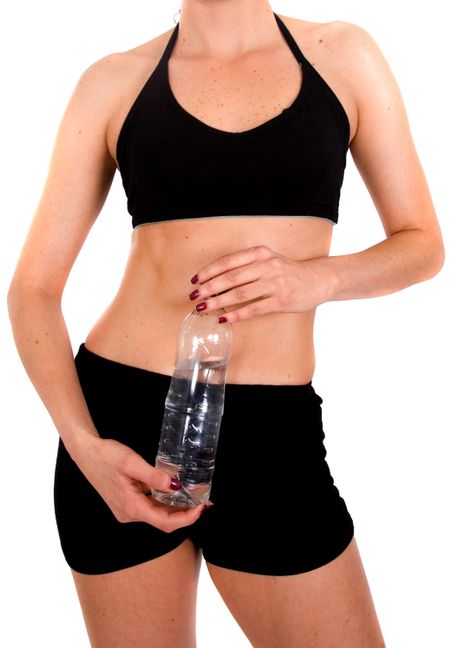 fit body with a water bottle over a white background