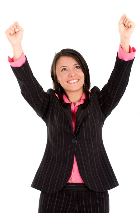 Business woman happy with her success over a white background