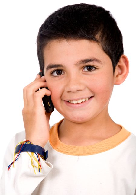 kid on the phone smiling - isolated over a white background