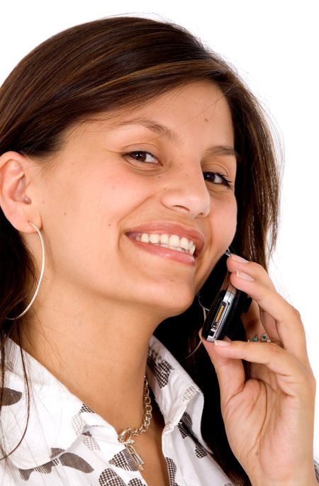 friendly woman smiling on the phone isolated over a white background