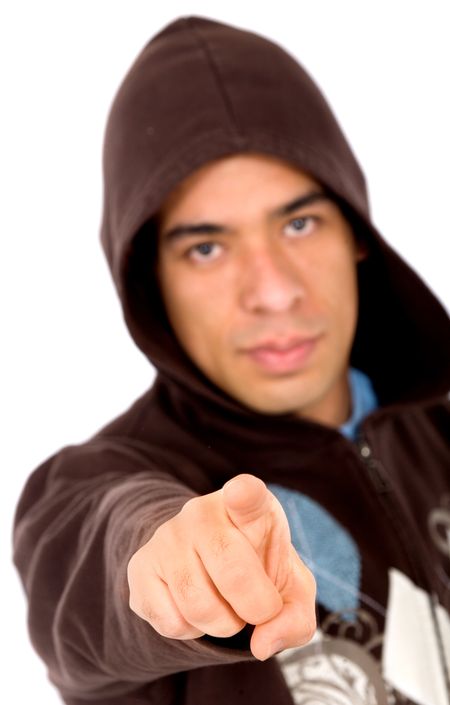 Angry man pointing at you isolated over a white background