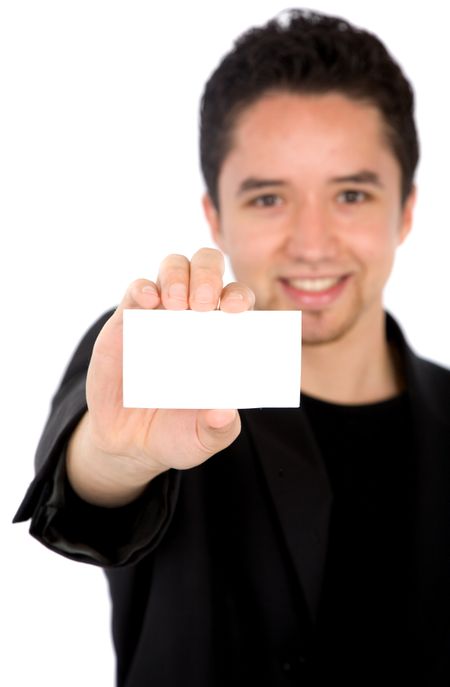 young man showing his business card over a white background