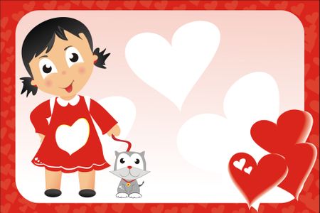Lovely girl cartoon with some hearts and a cat