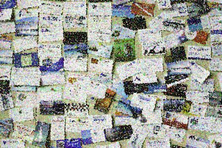 Pointillist varicolored abstract of many business cards pinned to a bulletin board, for use with themes of contact, information, community, service (one of a series)