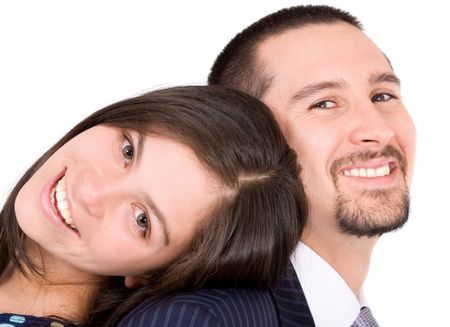 Business couple looking happy - isolated over a white background