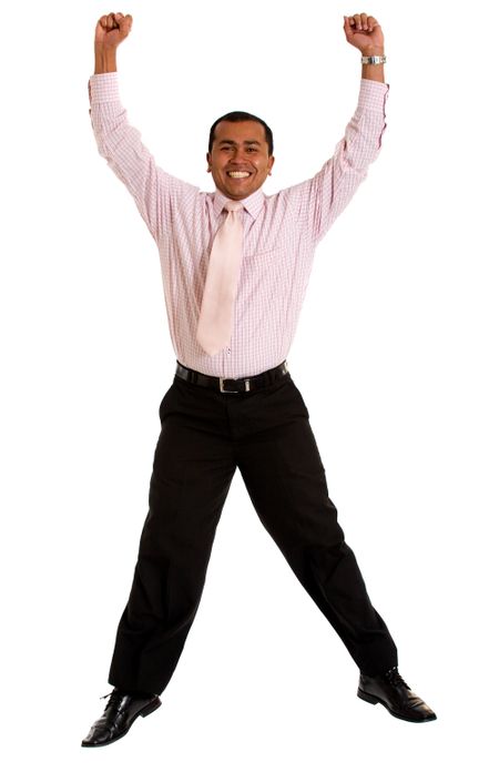 Business man jumping of joy - isolated over a white background