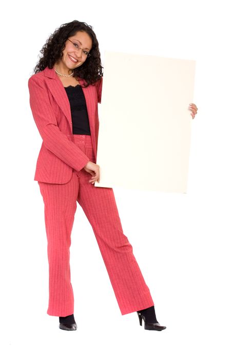 Business woman holding a white card - isolated over a white background
