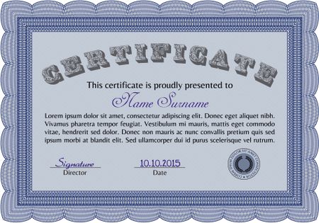Certificate of achievement template. Sophisticated design. Border, frame.With guilloche pattern. 