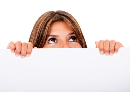 Woman covering her face with a banner ad and - isolated