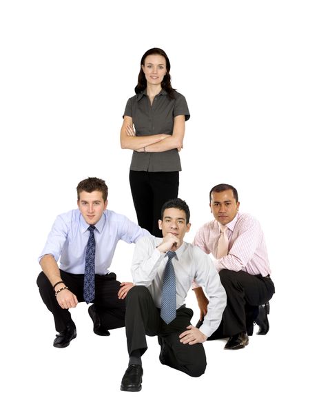 business woman leading a team of men isolated