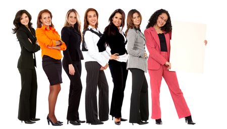 group of business women holding a banner ad isolated on white