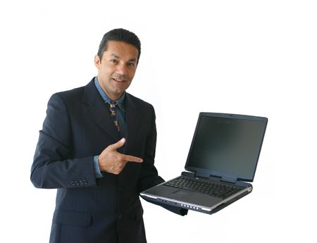 business man with laptop acting as a sales person or presenting