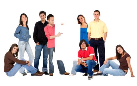 group of people holding a banner ad isolated
