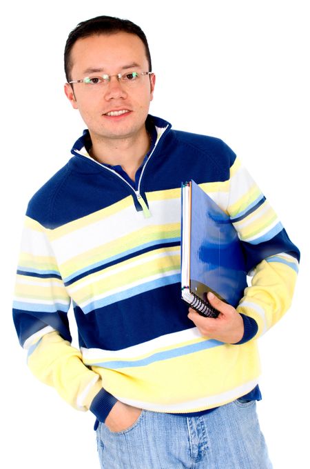 man with a notebook - university student look isolated over a white background