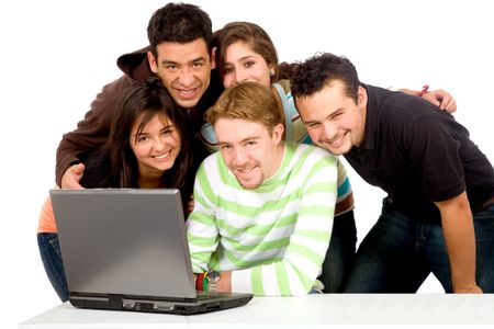 Casual group of happy students with a laptop - isolated over a white background
