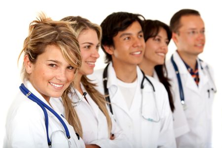 young doctors lined up isolated over white background