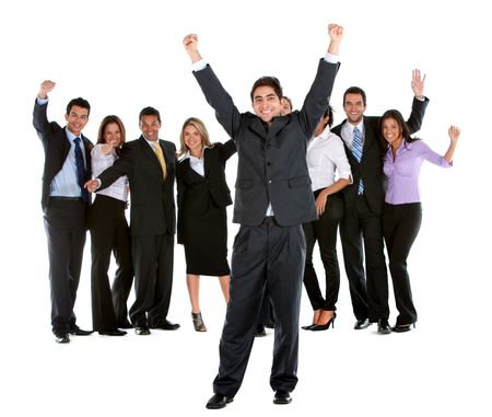 excited business man leading a team isolated