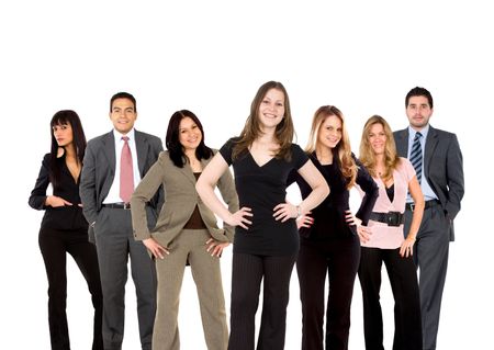 business team smiling and standing up isolated over a white background
