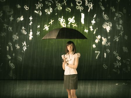 Businesswoman standing with umbrella and 3d numbers raining concept on background