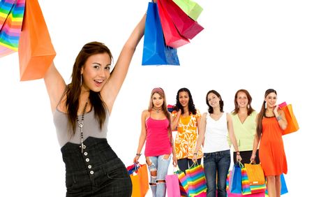 group of happy shopping women with bags, isolated