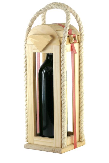bottle of wine with a wooden casing - isolated