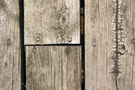 Weathered wooden planks of platform in park, close-up from above