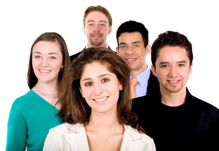 business team work - portrait of a group of young businessmen and businesswomen over a white background